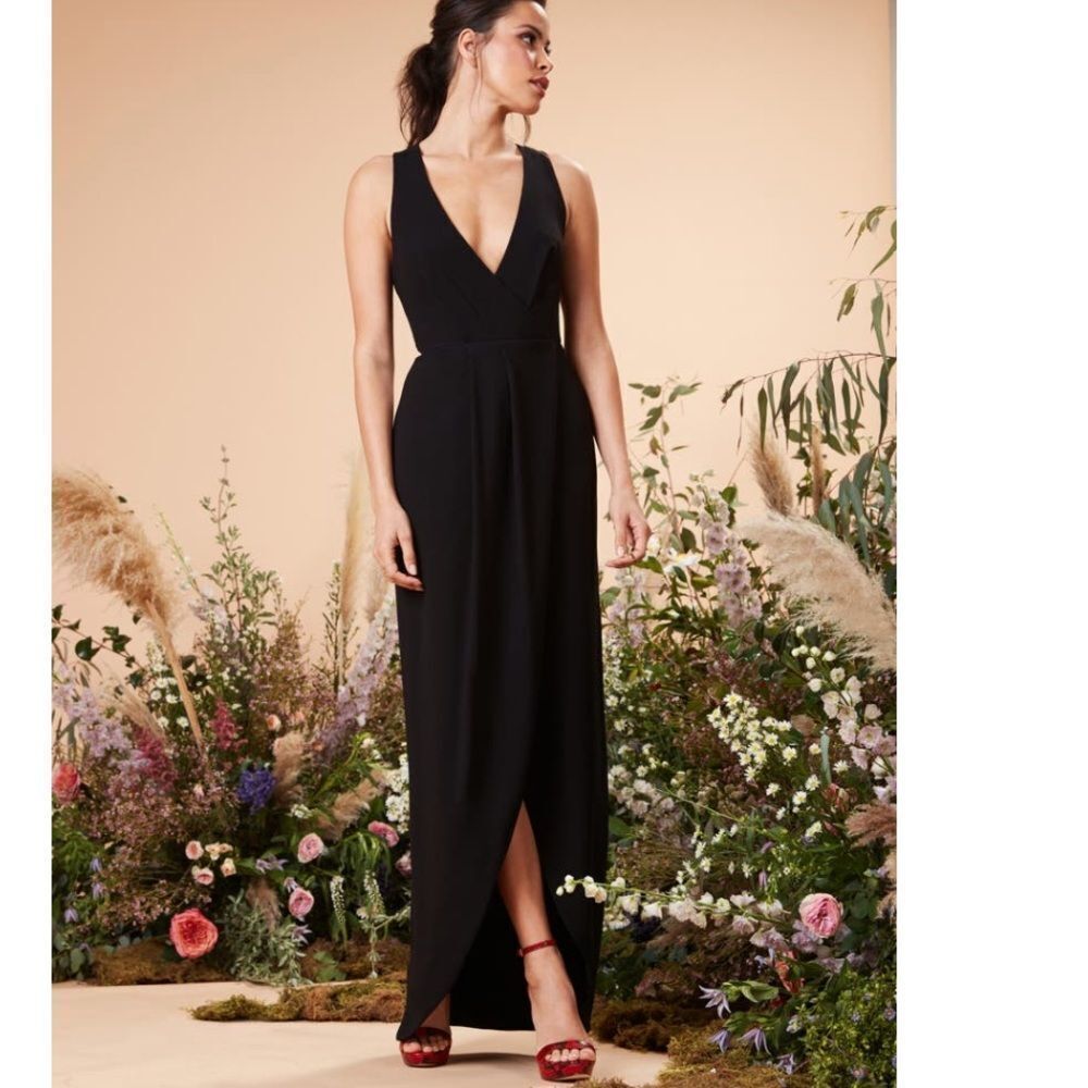 DRESS THE POPULATION Ariel Racerback Faux Wrap Crepe Dress Gown, Black Small NWT